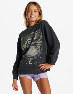 Billabong Making Waves Crewneck Sweatshirt. Peace, Love, And Swell. Dishing Up Groovy Vibes And Laid Back Lines, The Girls' Making Waves Crewneck Sweatshirt Is Your Go-To Layer For Everything From Sunsets And Surf Checks. This Pullover For Girls From Our Under The Palms Collection Is Made With Heavyweight Cotton In A Relaxed Fit Perfect For Year-Round Wear. Large Graphic Screened On Front. Ribbed Crewneck. Cuffed Long Sleeves And Hem. 80% Cotton, 20% Polyester. Machine Wash. Imported. | Billabon Groovy Vibes, Billabong Girls, The Palms, Making Waves, Shorts With Tights, Girl Sweatshirts, Hoodie Girl, Kids Sweater, Crew Sweatshirts