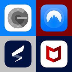 several different app icons are shown in the same color scheme as well as black, white, red and blue