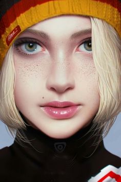 a digital painting of a woman with freckles on her hair and wearing a beanie