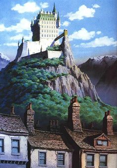 a painting of a castle on top of a hill in the middle of some buildings