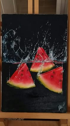 a painting of watermelon slices falling into the water