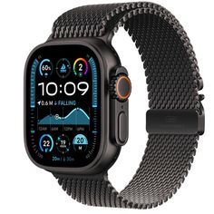 the apple watch series 4 is shown in black and has a gray band with an orange light