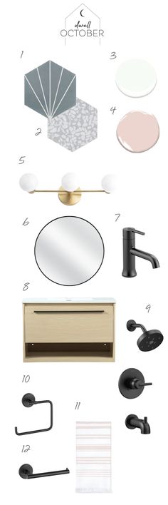 an image of various bathroom accessories including mirrors, lights and soap dispensers