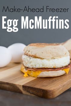 an egg mcmuffin on a cutting board with eggs in the background and text overlay