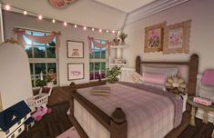 the bedroom is decorated in pastel colors and has pink accents on the bedding