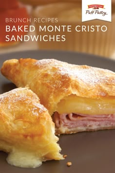 an advertisement for brunch recipes baked monte cristo sandwiches on a brown plate