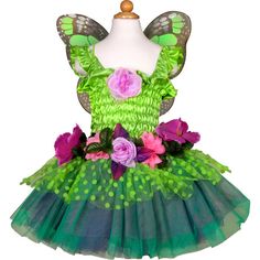 a green dress with pink and purple flowers on it