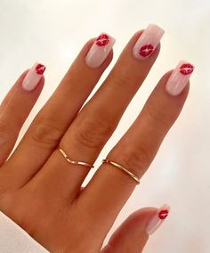 Looking for trendy Valentine’s Day nails that you can recreate yourself? If so, you’ll love these cute and simple nail ideas, just like this neutral nail design with red kisses! Kiss Nails Designs, Red Nail Designs Prom, Nails With Red Dress, Ireland Nails, Red Nails For Prom, Nails For Red Dress, Trendy Red Nails, Simple Nail Ideas, Recreate Yourself