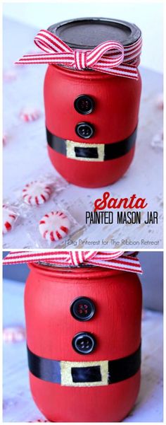 santa painted mason jar with buttons and ribbon