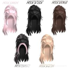 six different colored wigs with long hair on each side and the same length for each one