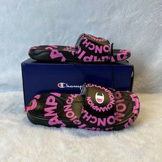 New With Tags! Champion Girls Mega Slide Sandals. Color Is Black/ Neon Pink. Pink Non-slip Slide Sport Sandals, Pink Synthetic Slides With Round Toe, Trendy Open Toe Sports Sandals, Pink Non-slip Slides, Pink Non-slip Flat Slides, Pink Non-slip Slip-on Slides, Sporty Pink Slide Sandals, Trendy Black Non-slip Flip Flops, Pink Adjustable Slide Sandals