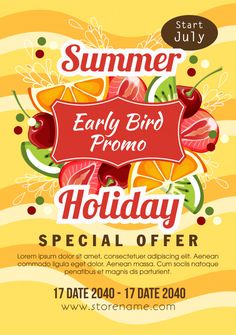 the flyer for an early bird piano holiday special offer is shown in red and yellow