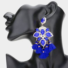 Royal Blue Crystal and Tassel Flower Fun Fashion Chandelier Earrings Royal Blue Earrings, Runway Earrings, Pageant Earrings, Evening Earrings, Royal Blue And Gold, Flower Leaf, Fabric Flower, Sapphire Earrings, Fun Fashion