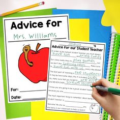 a person holding a pen and writing on an activity book with the words advice for ms williams