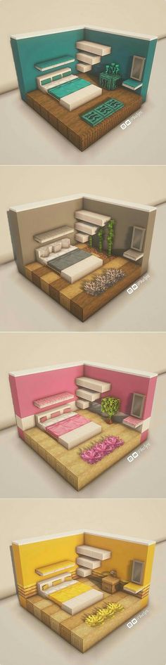 three different types of beds with drawers and mattresses on them, all in different colors