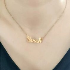 Name Necklace Gold Plated Nwt Sarah Elegant Party Name Necklace With Clavicle Chain, Gold Name Necklace For Party, White Nameplate Necklace, Sarah Name Art, Sarah Necklace, Necklace Name Design, Teardrop Diamond Necklace, Jewelry Name, Gold Pendent