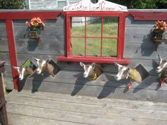 several deer heads mounted to the side of a wooden building with red trim and windows