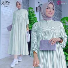 Dress Katun, Muslim Women Clothing, Teenage Dress, Pink Ocean, Kota Bandung, Striped Midi Dress, Muslim Women, Muslim Fashion, Tunic Dress