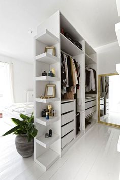 a white closet filled with lots of drawers and shelves next to a potted plant