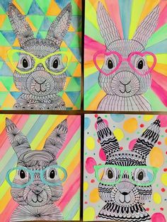 four different colored pictures of rabbits with glasses on their faces and in front of them is a colorful background