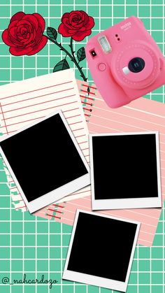 three polaroid cameras sitting next to each other on top of a green tiled floor