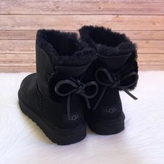 New In Box- Ugg Women’s Classic Double Bow Mini Black Boots With Twinface Uppers, Sheepskin Fur And Leather Lace Bows, Uggplush Insoles And Treadlite By Ugg Outsoles. Shaft Hight 5.5”. Happy Winter, Double Bow, Ugg Classic, Lace Bows, Ugg Shoes, Womens Uggs, Leather And Lace, Rain Boots, Black Boots