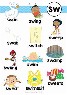 a poster with words and pictures on it that say swag, swab, switch, swim