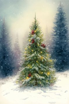 a painting of a christmas tree in the snow