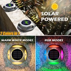 solar powered garden lights are shown in three different colors and sizes, along with text that reads 2 colors in 1 warm white modes