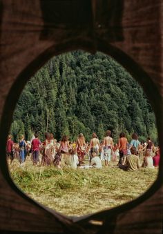 a group of people standing next to each other in front of a forest filled with trees