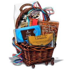 a brown basket filled with lots of different items