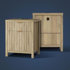 two wooden furniture pieces side by side on a blue background, one has a drawer and the other is a cabinet