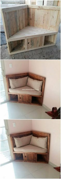 two pictures of the same couch made out of pallets