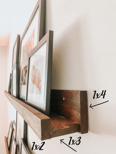 a wooden shelf with two pictures hanging on it's sides and measurements for each piece