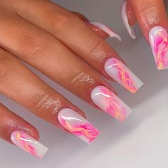 Pretty Summer Acrylic Nails, Neon Watercolor Nails, Medium Short Nail Designs, Unique Square Acrylic Nails, Nail Art Ete, Pink And Orange Nail Designs, Unique Nail Designs Summer, Unghie Sfumate, Colorful Nails