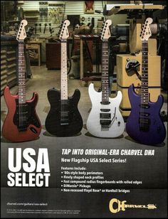 an advertisement for the usa select guitar brand, featuring four different guitars in various colors