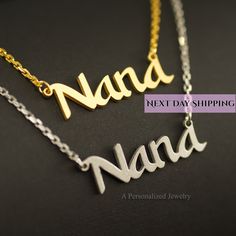 "The dainty Nana Script Necklace features the word \"Nana\" in custom script font.  It sits beautifully on the neckline and looks stunning, whether worn alone or layered. Dainty Nana Charm in Minimalist Script Font has an inch extension length of 16 to 18 inches. Features 8mm Capital and 3 to 4 mm lower case letters." Nana Necklace, Script Necklace, Short Hair Over 60, Cute Necklace, Chain Ring, Grandma Gifts, Lower Case Letters, Chain Styles, Spring Rings