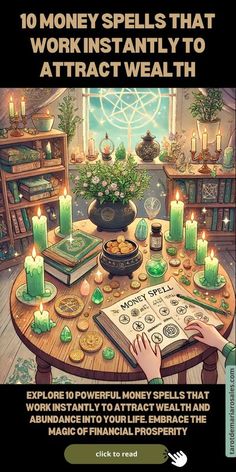 a table with candles and books on it that says, 10 money spells that work instantly to attract wealth