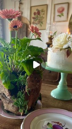 a table topped with plates covered in plants and flowers next to a cake on top of a wooden table