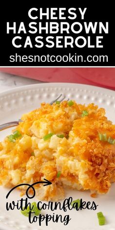 cheesy hashbrown casserole with cornflakes topping on a white plate