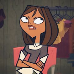 an animated woman sitting in a chair with her arms crossed