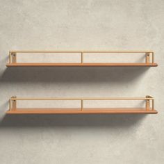 two wooden shelves against a wall with no one in them or the shelf is empty