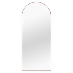 an arched mirror with red trim on the bottom and sides, against a white background