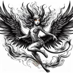 an artistic drawing of a woman with wings on her body and demonish head, surrounded by flames