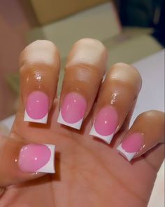 She got her nails done White And Pink Nails French Tips, Classy Shorties Nails, Short Pink On Pink French Tip Nails, Simple Shorties Nails, Short Pink Acrylic Nails French Tips, Short Unique Acrylic Nails, Pink Acrylic With White Tip, Solid Pink Nails With Design, White With Pink French Tip