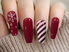 Embrace the festive spirit with our Christmas Red Candy Cane and Snowflake Holiday Press-On Nails! These beautifully designed nails are perfect for adding a touch of holiday cheer to your look. You will receive a full set of 10 nails in your size along with a complimentary gift of a nail file, cuticle stick, alcohol wipes, and nail glue. If you prefer tape tabs instead of glue, just let us know. I am more than happy to personalize your order, so please reach out to me to discuss your preferences.  When it comes to sizing, I want to make sure you get the perfect fit. Please follow our Sizing Guide to determine your correct size. Please note that while I do my best to accurately showcase nail colors in photos, actual colors may vary due to screen and lighting differences. Handmade items may Christmas Nails French Tip Red Candy Canes, Metallic Red Nails Christmas, Christmas Nails Red Candy Cane, Red Nails With Candy Cane Accent, Christmas Nails Short Candy Cane, Red With Snowflake Nails, Xmas Gel Nail Designs, Christmas Nail Art Designs Xmas Sparkle Red Glitter, Red Nail Christmas Designs