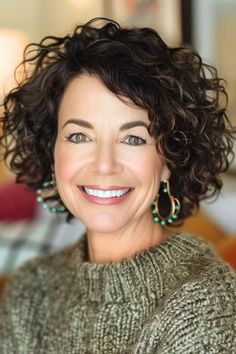 Textured Curly Crop With Side Part Hairstyle on a smiling woman in her 60s with dark brown hair. Haircut Dark Hair, Long Blonde Curls, Curly Crop, Curly Hair Style, Layered Curly Hair, Hairstyles For Women Over 60, Smiling Woman