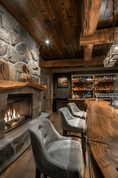 a bar with chairs and a fire place in the center, next to a stone fireplace