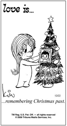 a coloring book page with a girl decorating a christmas tree and the words love is