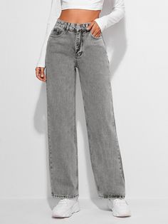 Light Grey Jeans Outfit, Grey Jeans Outfit, Wide Leg Outfit, Baggy Jeans For Women, Straight Leg Jeans Outfits, High Waist Straight Leg Jeans, High Waisted Pants Outfit, Wide Leg Jeans Outfit, High Waisted Wide Leg Jeans